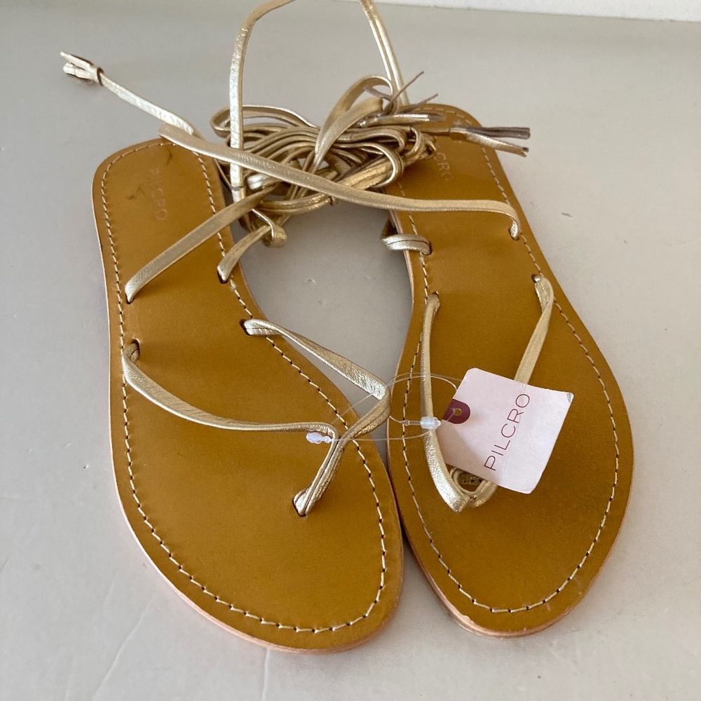 NWT Pilcro Anthropologie Tie Up Gold Leather Thong Sandals